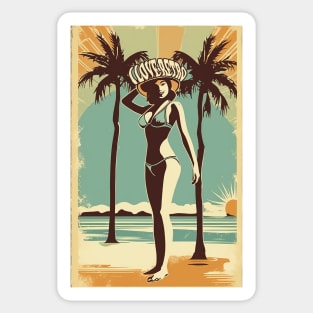 i love retro themed beach palm and girl design Sticker